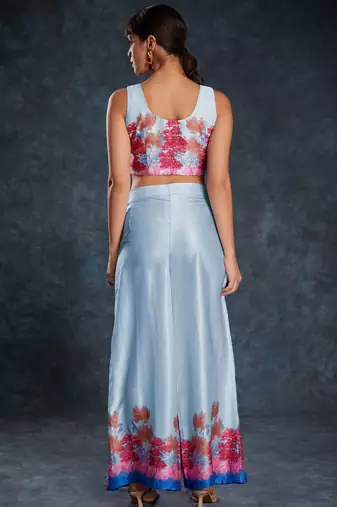 Charming sky blue digital printed linen party wear co-ord set