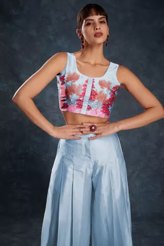 Charming sky blue digital printed linen party wear co-ord set