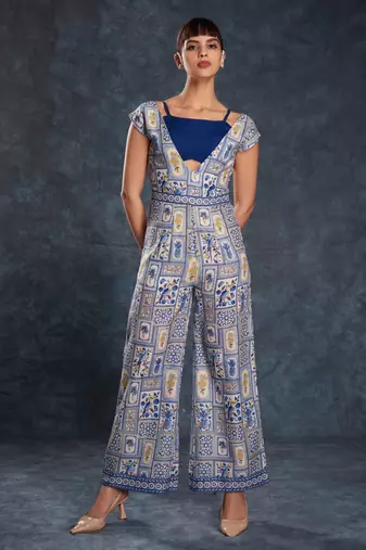 navy blue digital printed linen party wear jumpsuit