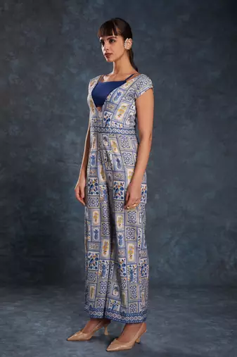 navy blue digital printed linen party wear jumpsuit