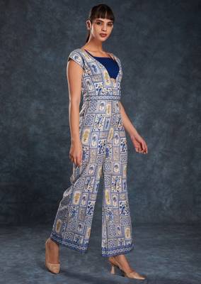 navy blue digital printed linen party wear jumpsuit 3