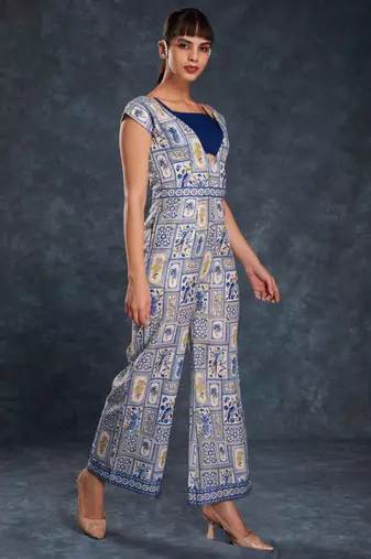 navy blue digital printed linen party wear jumpsuit