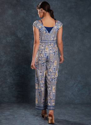 navy blue digital printed linen party wear jumpsuit 4