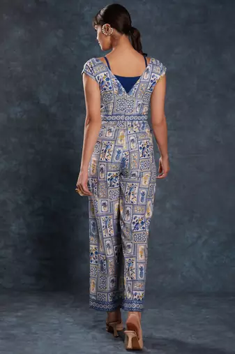 navy blue digital printed linen party wear jumpsuit