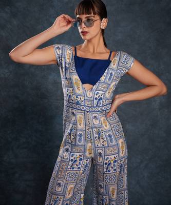 navy blue digital printed linen party wear jumpsuit 5