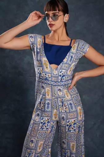 navy blue digital printed linen party wear jumpsuit