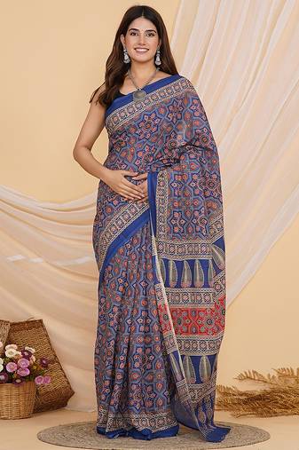 Blue and red hand block ajrakh print cotton saree with blouse