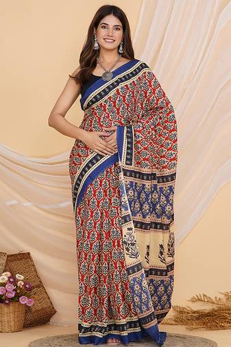Red and blue hand block ajrakh print cotton saree with blouse