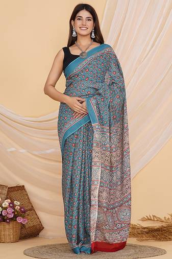 Blue and red hand block ajrakh print cotton saree with blouse