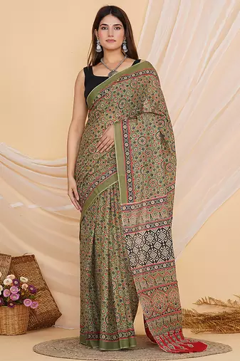 Green hand block ajrakh print cotton saree with blouse