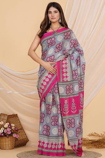Multicolor hand block ajrakh print cotton saree with blouse