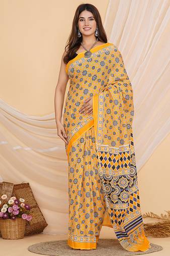 Yellow hand block ajrakh print cotton saree with blouse