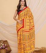 Dark yellow hand block ajrakh print cotton saree with blouse