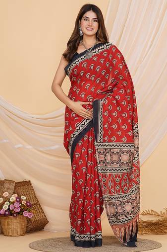 Red hand block ajrakh print cotton saree with blouse