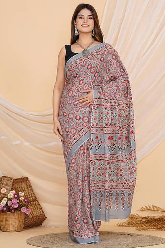Multicolor hand block ajrakh print cotton saree with blouse