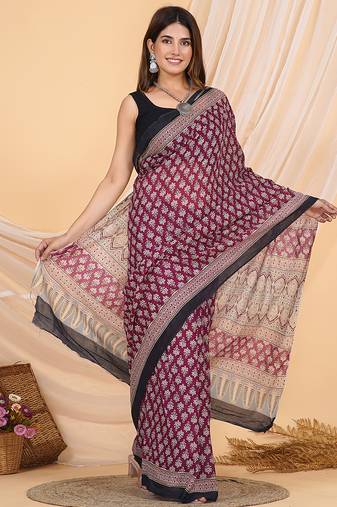 Pink hand block ajrakh print cotton saree with blouse