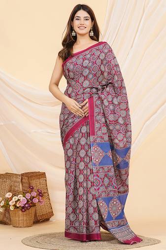 Pink hand block ajrakh print cotton saree with blouse
