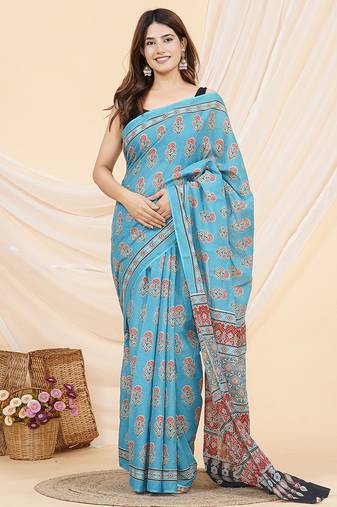Light sky blue hand block ajrakh print cotton saree with blouse