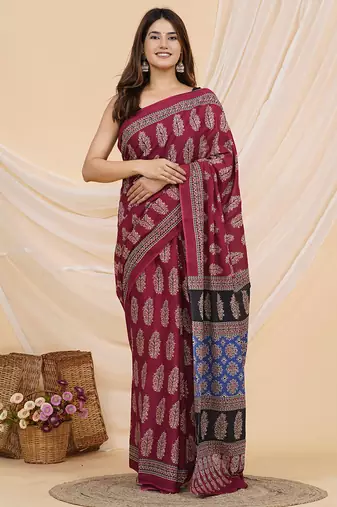 Dark hot pink hand block ajrakh print cotton saree with blouse