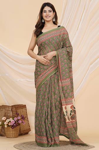 Light green hand block ajrakh print cotton saree with blouse