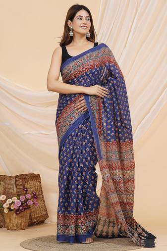 Royal blue and red hand block ajrakh print cotton saree with blouse