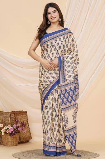 Beige and blue hand block ajrakh print cotton saree with blouse