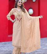 Cream Floral Embroidered Regular Kurta With Trousers & With Dupatta