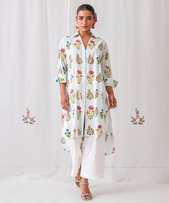 Aqua blue cotton floral printed kurta set 1