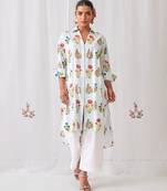 Aqua blue cotton floral printed kurta set