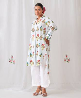 Aqua blue cotton floral printed kurta set 2
