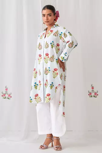 Aqua blue cotton floral printed kurta set