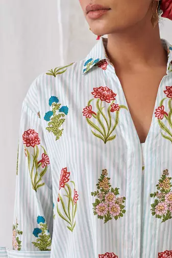 Aqua blue cotton floral printed kurta set