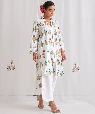 Aqua blue cotton floral printed kurta set 4
