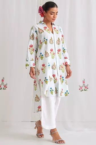 Aqua blue cotton floral printed kurta set
