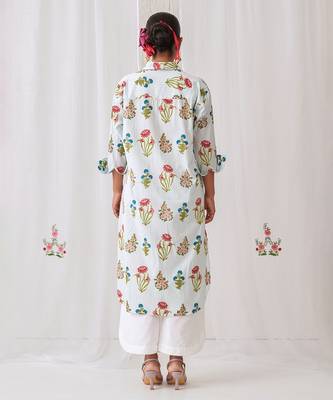 Aqua blue cotton floral printed kurta set 5