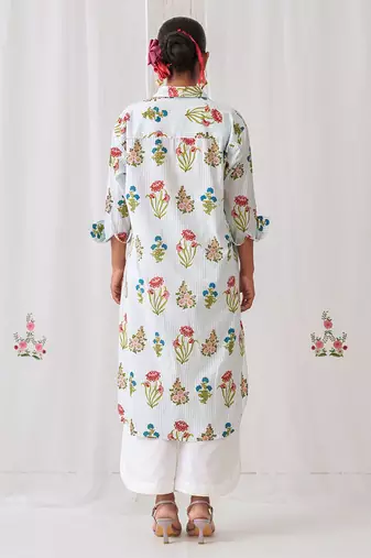 Aqua blue cotton floral printed kurta set