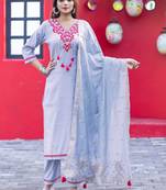 Sky Blue Floral Embroidered Regular Kurta With Trousers & With Dupatta
