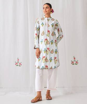 Aqua blue cotton floral printed kurta set 1