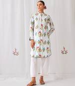 Aqua blue cotton floral printed kurta set