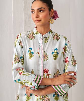 Aqua blue cotton floral printed kurta set 2
