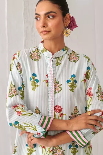 Aqua blue cotton floral printed kurta set
