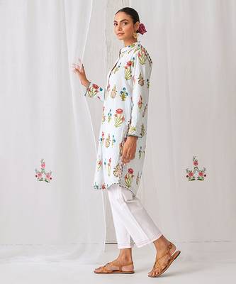 Aqua blue cotton floral printed kurta set 3