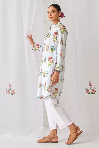 Aqua blue cotton floral printed kurta set