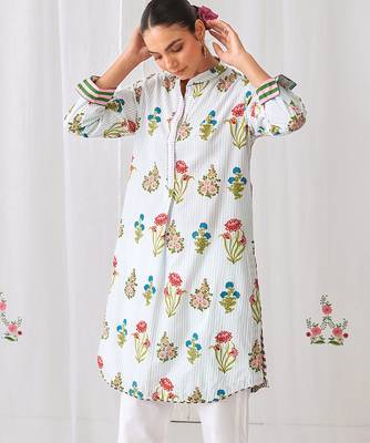 Aqua blue cotton floral printed kurta set 4