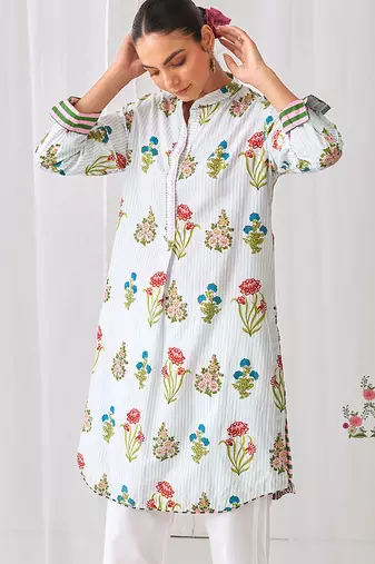 Aqua blue cotton floral printed kurta set