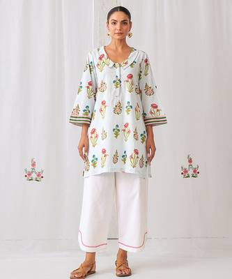Aqua blue cotton floral printed kurta set 1
