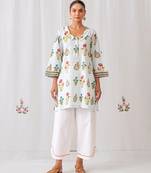 Aqua blue cotton floral printed kurta set