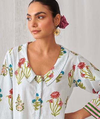 Aqua blue cotton floral printed kurta set 2
