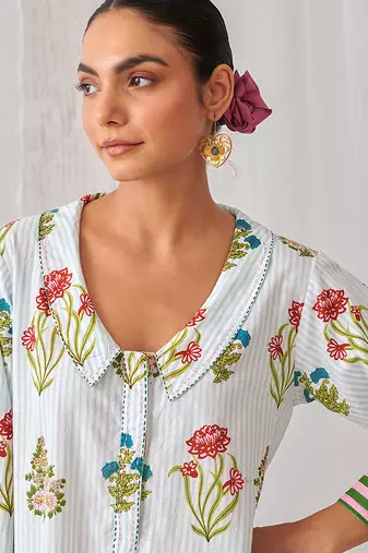 Aqua blue cotton floral printed kurta set
