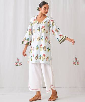 Aqua blue cotton floral printed kurta set 3